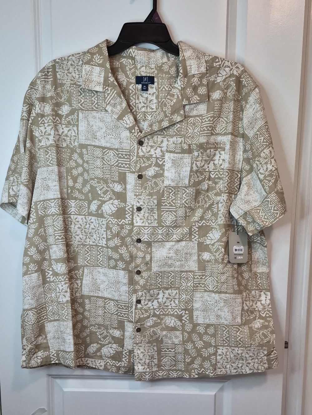 George‎ Men's Short-Sleeve Button-Down Shirt in Beige and White Patchwork Zs 2XL